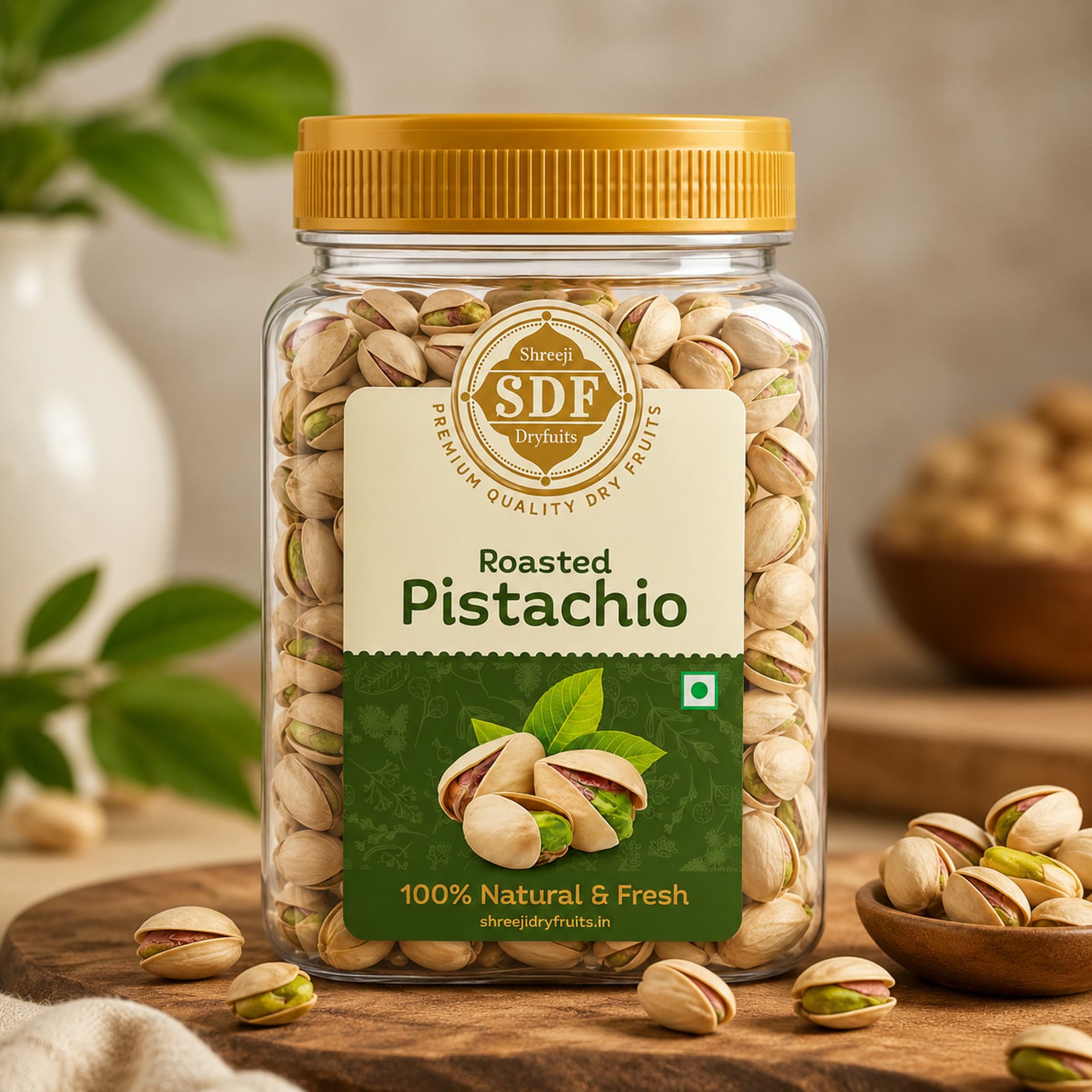 A jar of roasted pistachios beside scattered kernels